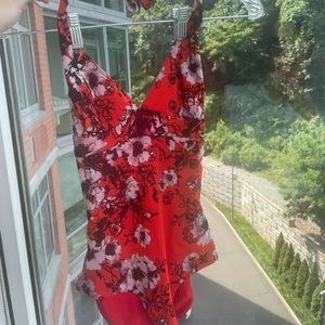 Vintage Y2K Fuzzi swimsuit. Sexy red and white flower. Halter one piece swim